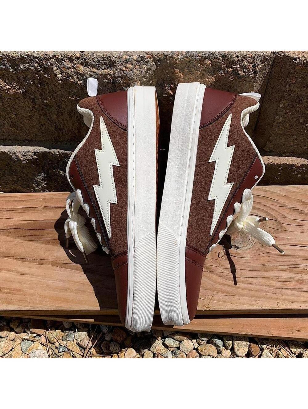 Y2k style Skater Streetwear Brown with White lightning bolt grey sneakers. Nice - Picture 2 of 8